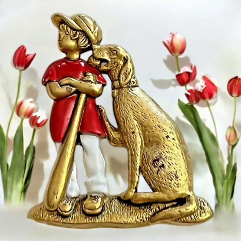 Vintage Brooch Dog Boy Baseball Bat Gold Tone signed Danecraft Red Enamel